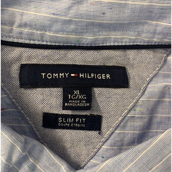 Tommy Hilfiger Shirt Extra Large Blue Stripe Collar Button Short Sleeve Men B71 - Picture 7 of 8